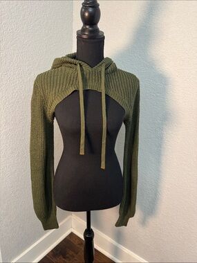 Almost Famous Olive Green Off-Shoulder Hooded Cropped Sweater Balloon Sleeves